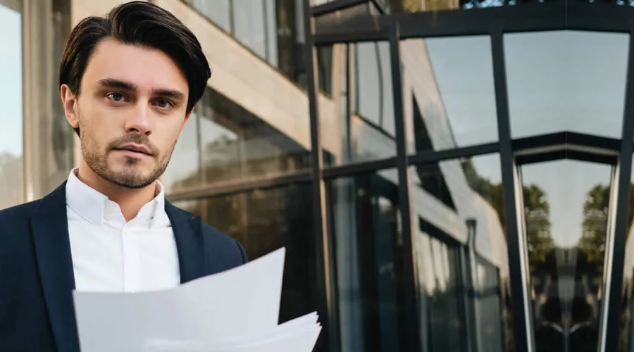 Zakelijke man met documenten en envelop voor een kantoorgebouw